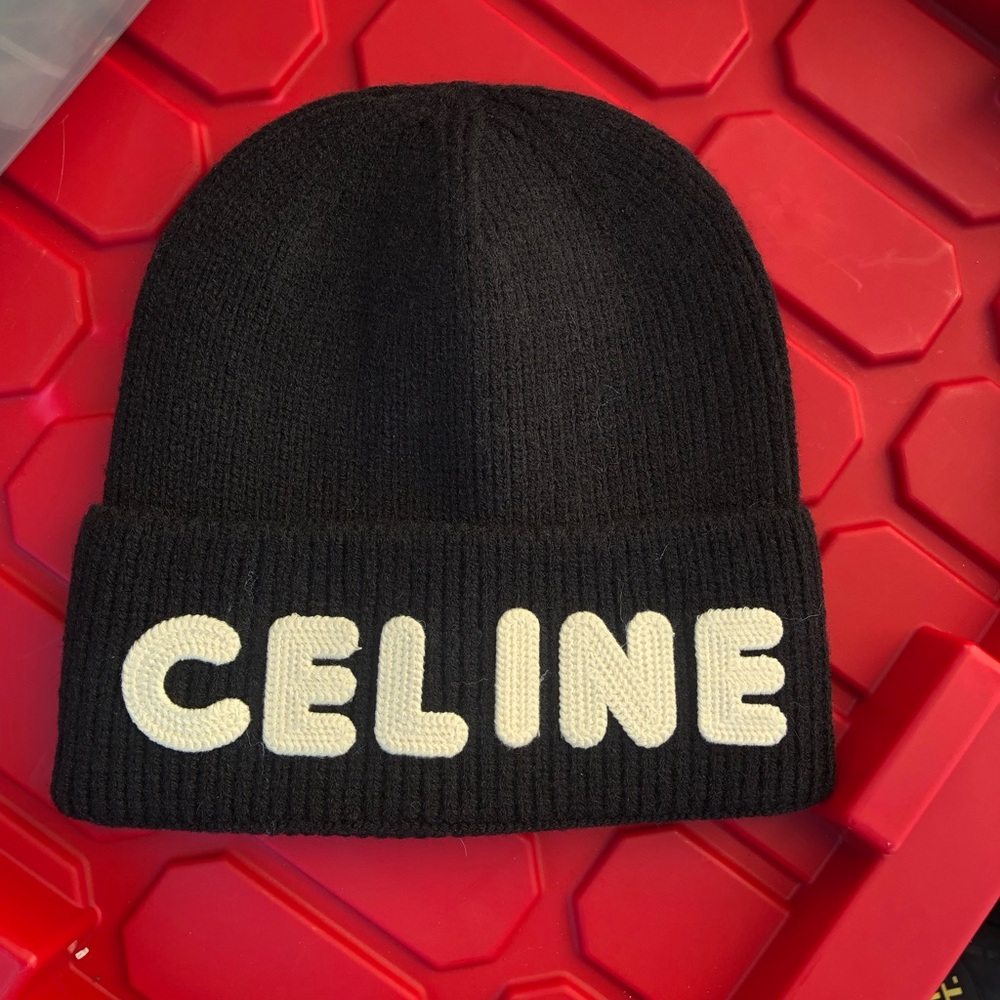 Celine Black Knit Hat with White Logo